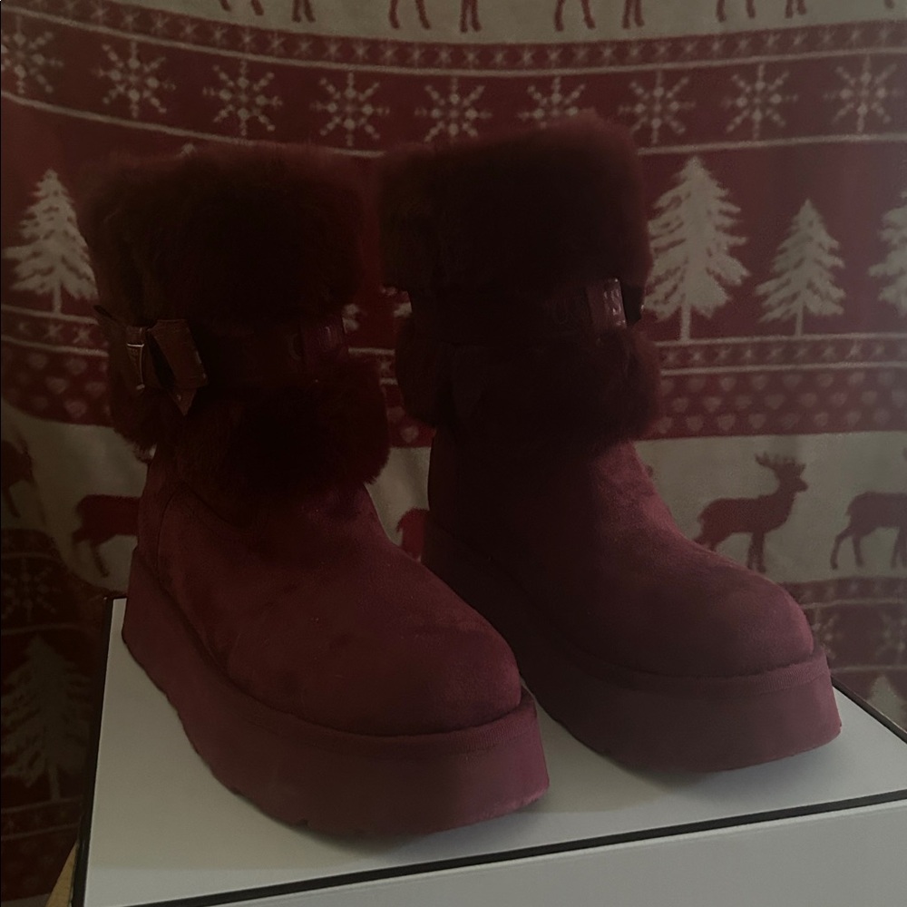 Plush red suede and fake fur boots